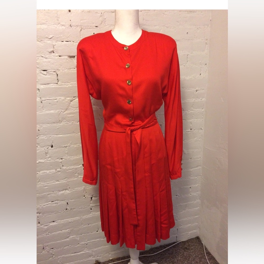 Adolfo vtg 70s pleated dress blouson gold button red size 4